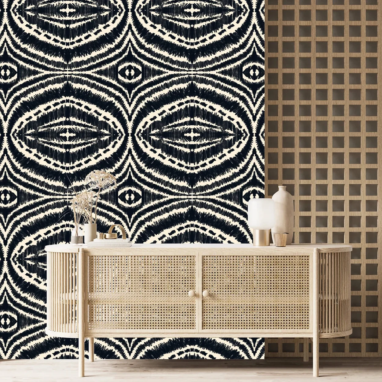 Boho interior with Tribal Ikat patterned wallpaper