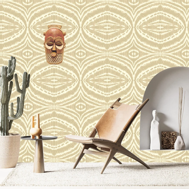 Interior with tribal Ikat style wallpaper