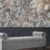 Grey Chinoiserie room with birds and feathers wallpaper