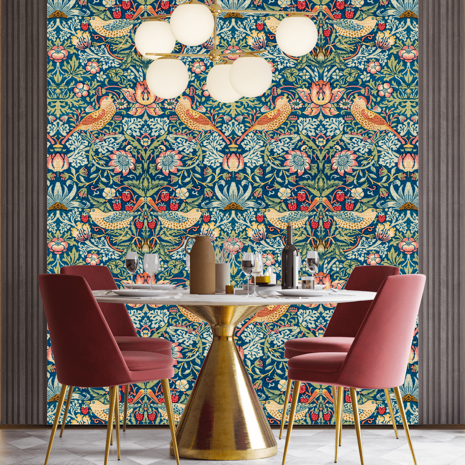 Maximalist Strawberry Thief wallpaper with rich details