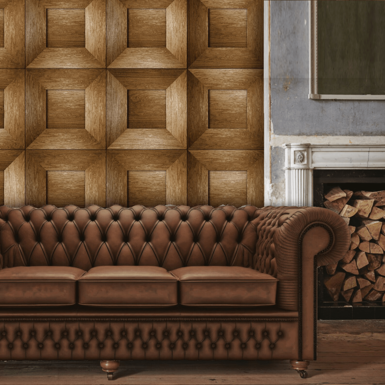 Wood panel effect wallpaper for cozy rustic interiors