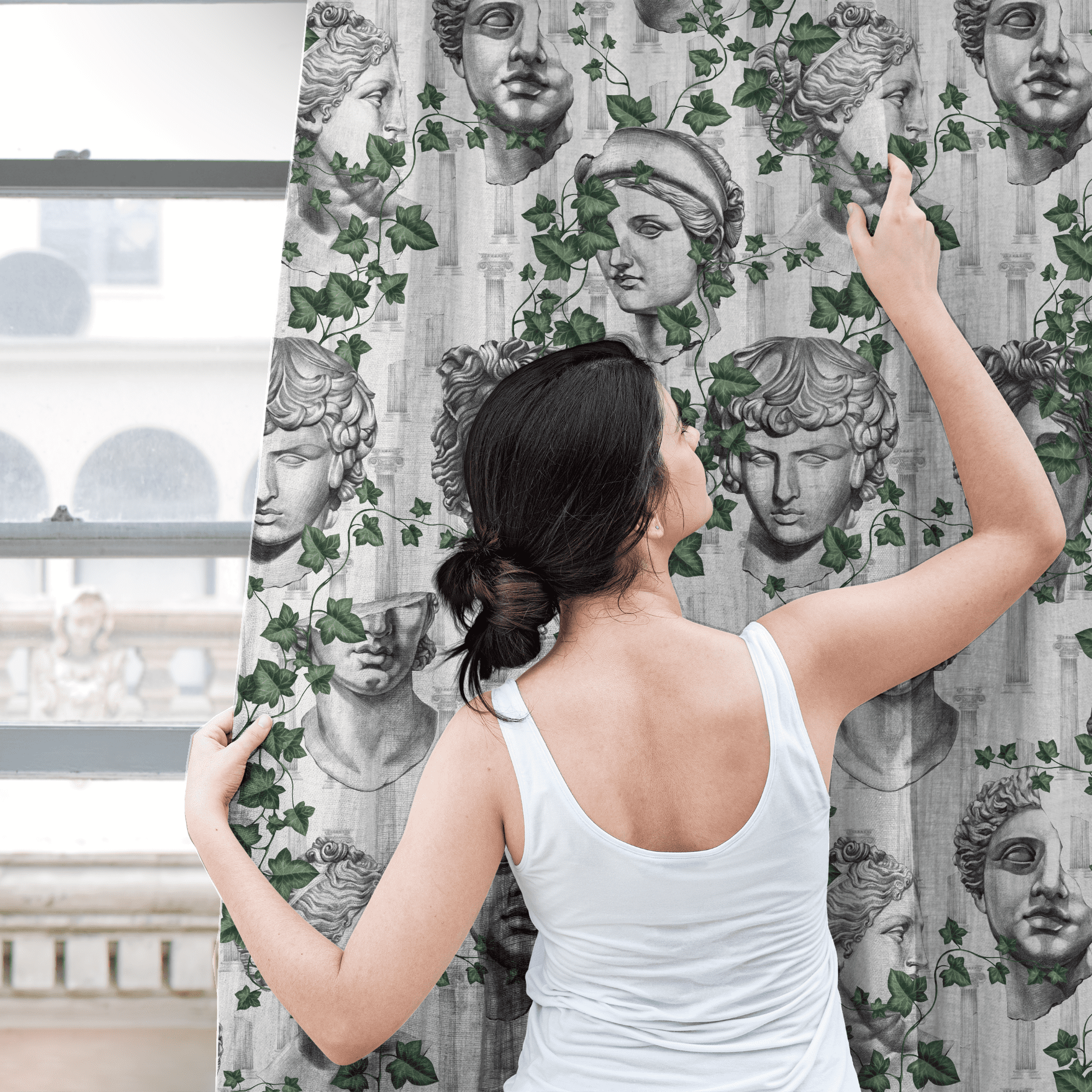 Stylish fabric for curtains and upholstery with statue heads