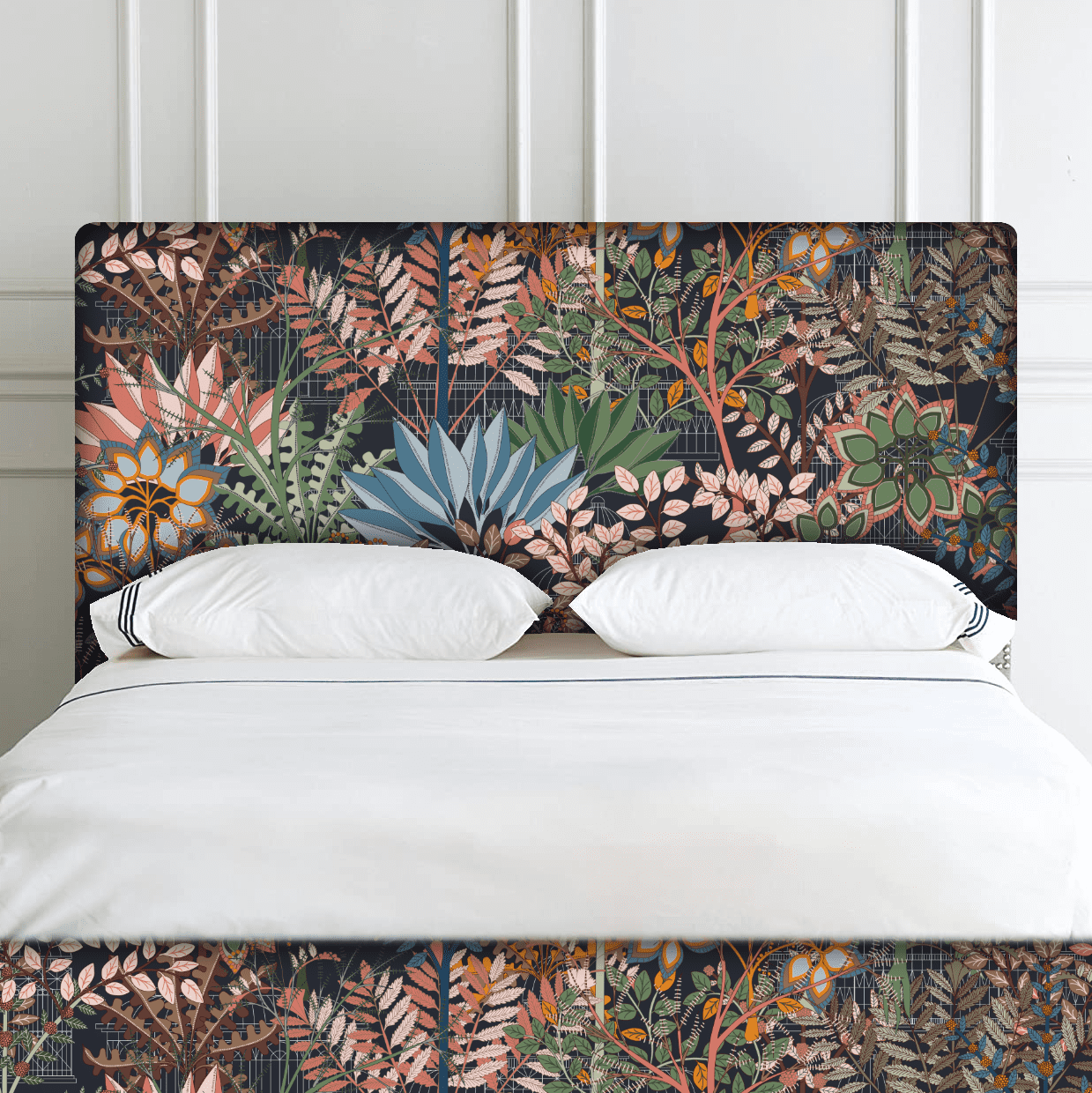 Arboreal Haven fabric with various tree species in decor