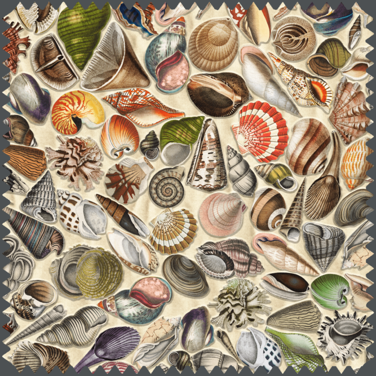 Fabric featuring tropical seashells design