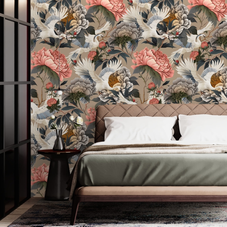 Paeonia Flight of Cranes Luxury Wallpaper for Living-rooms or Bedrooms