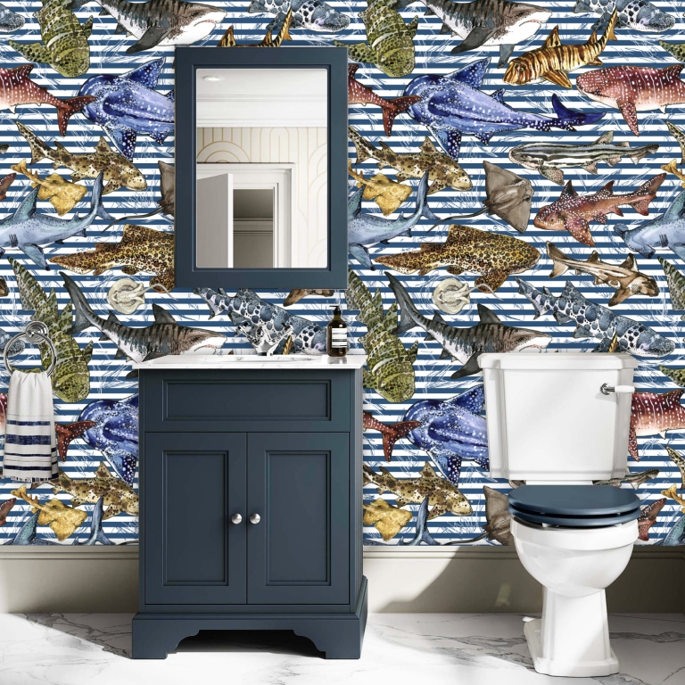Dynamic shark-themed wallpaper for bathroom