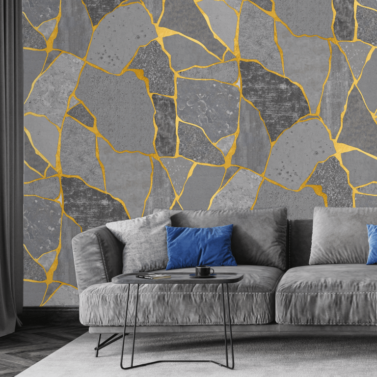 Concrete Kintsugi Loft Wallpaper Design