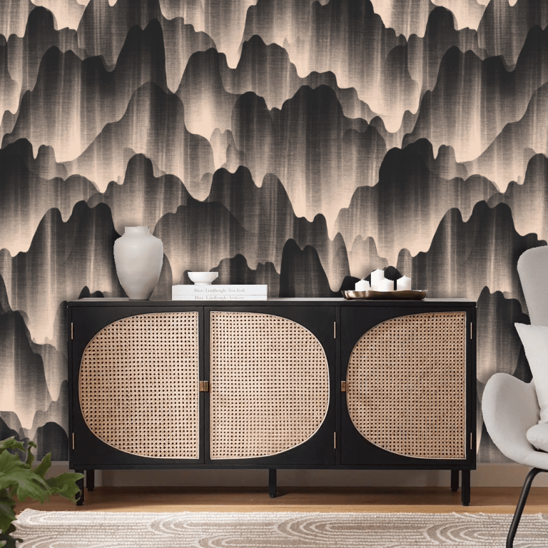 Elegant wallpaper featuring Japanese mountains in Ink