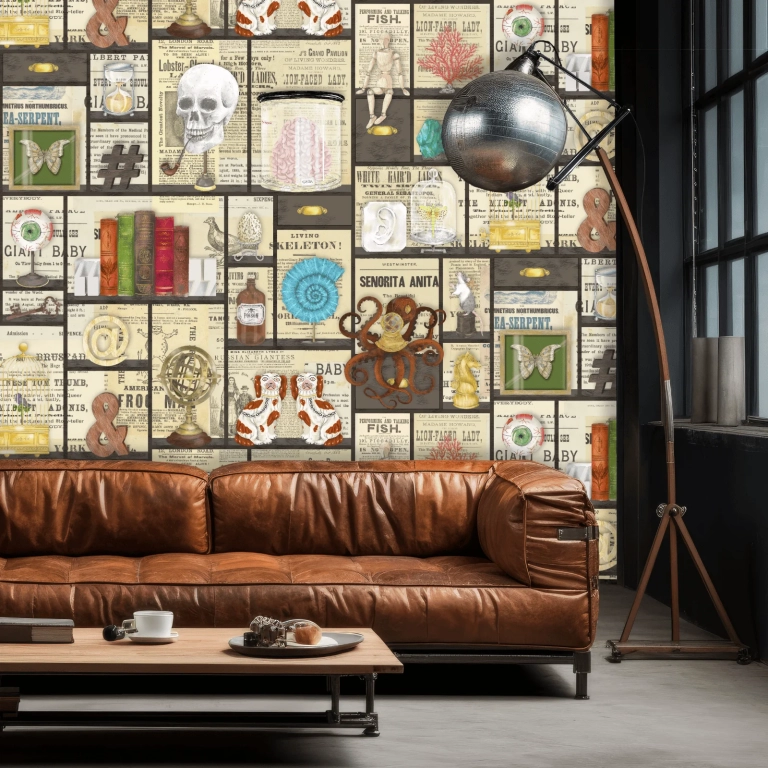 Vintage wallpaper with Cabinet of Curiosities