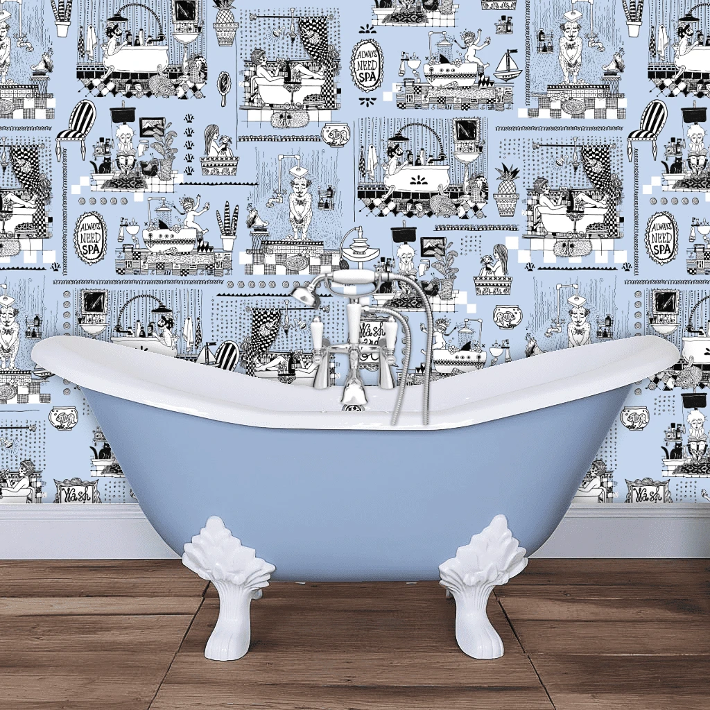 whimsical 'bathtime follies' wallpaper behind a blue clawfoot bath