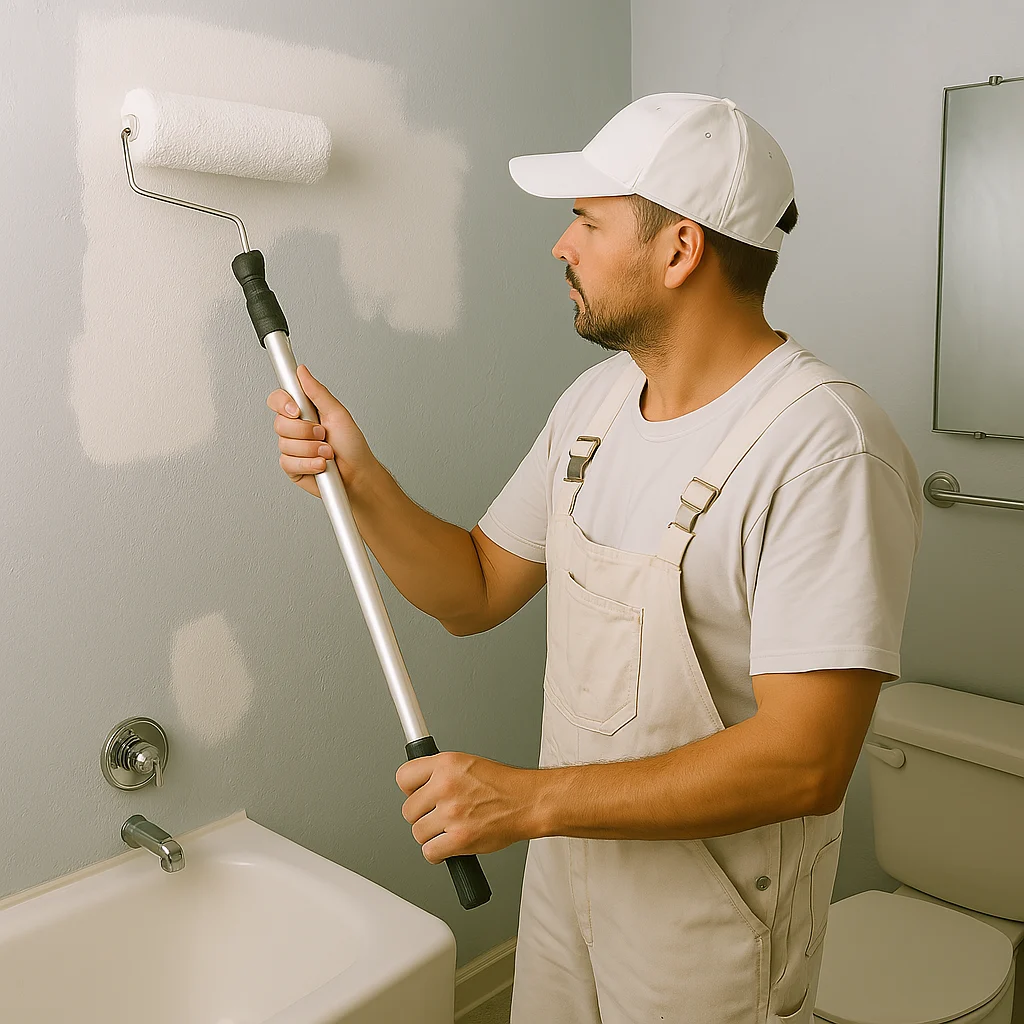 a decorator priming the walls in a bathroom