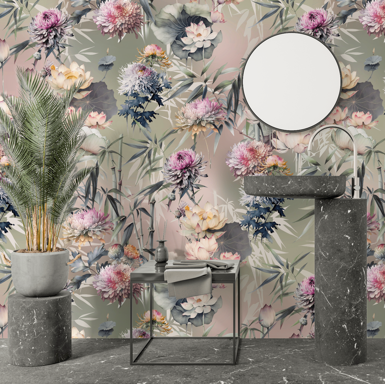 LOTUS FLOWER WALLPAPER IN A GREY GRANITE BATHROOM SETTING