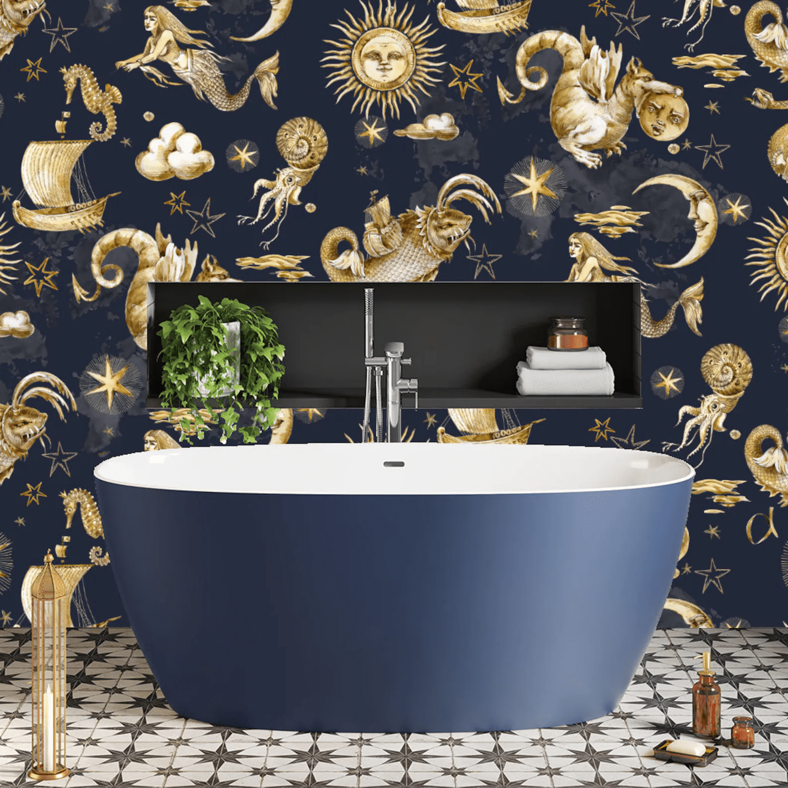 bathroom wallpaper featuring mermaids and mythical sea creatures