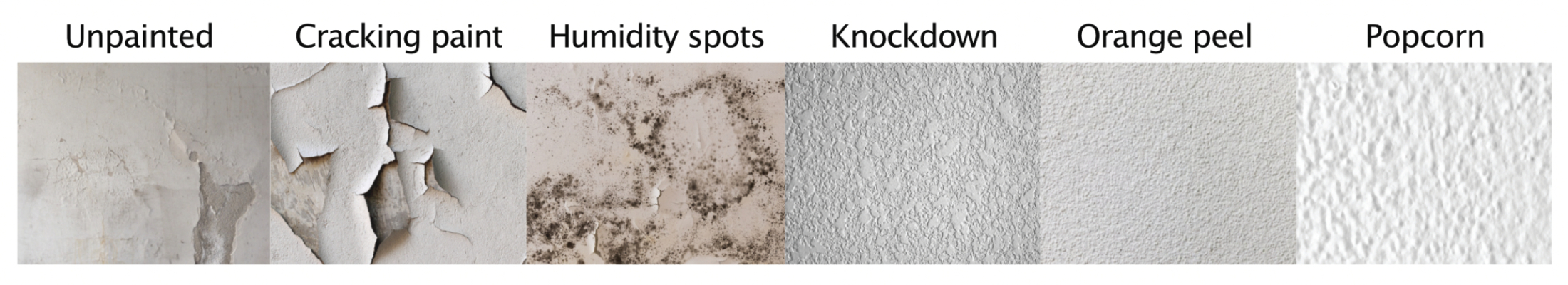 An image showing the different wall textures that self adhesive wallpaper cannot be applied to.
