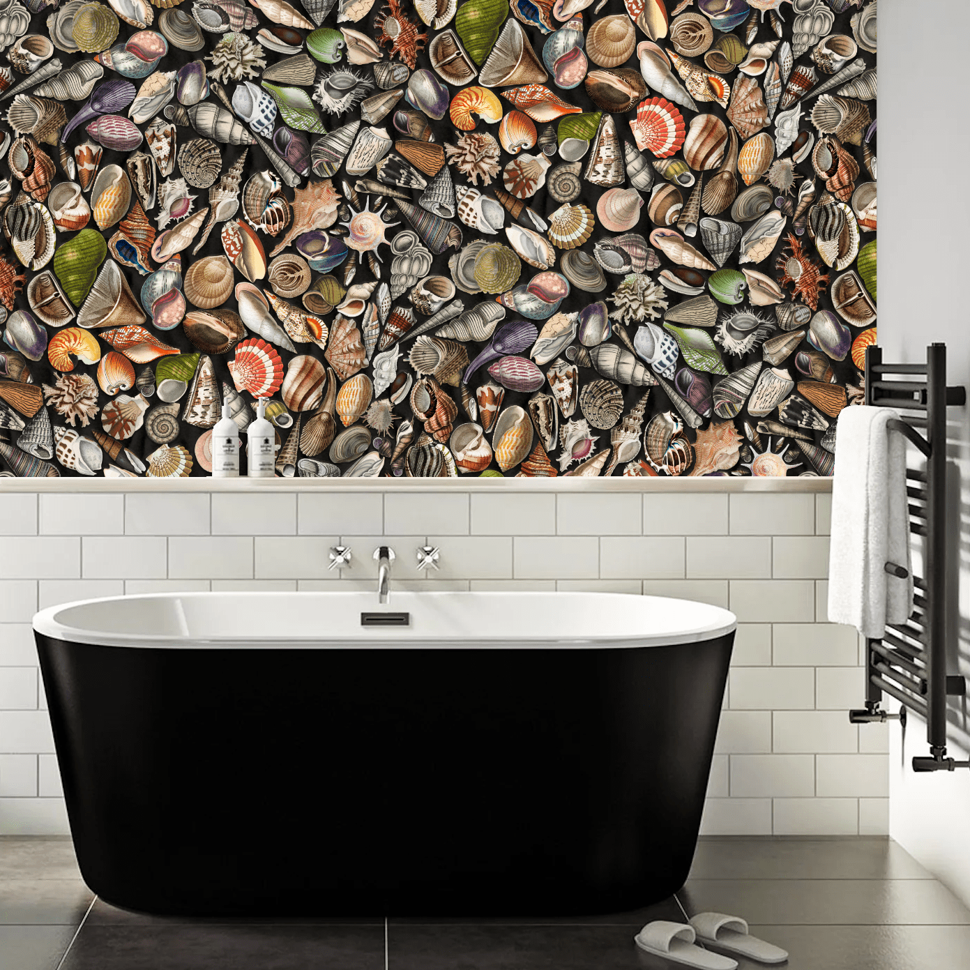 a vintage colourful shell bathroom wallpaper above a black bath