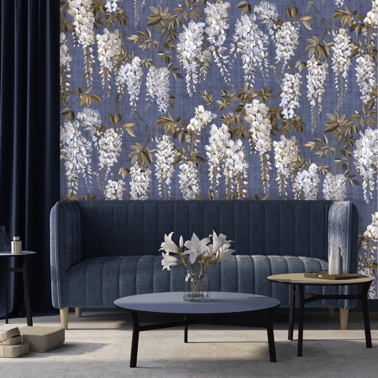 purple wisteria wallpaper in living room