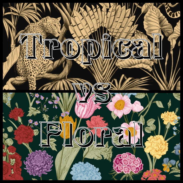 two images showing tropical vs floral wallpaper