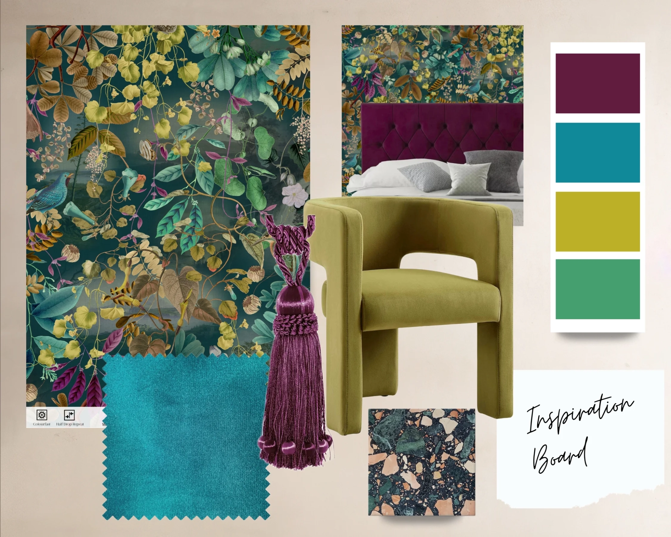 mood board showing a wallpaper sample, a chair, fabric and paint swatch's.