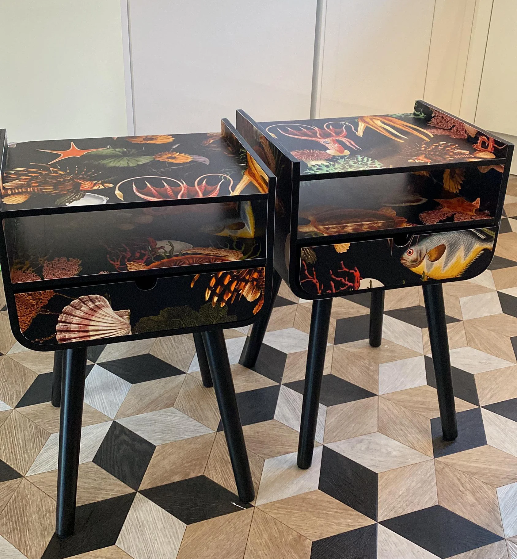 2 bedside tables decoupaged with fish wallpaper
