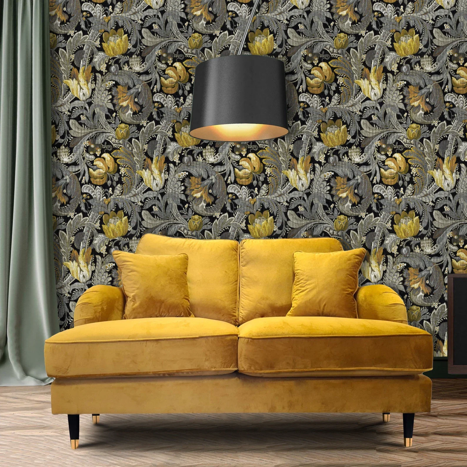 art nouveau floral wallpaper behind mustard coloured sofa