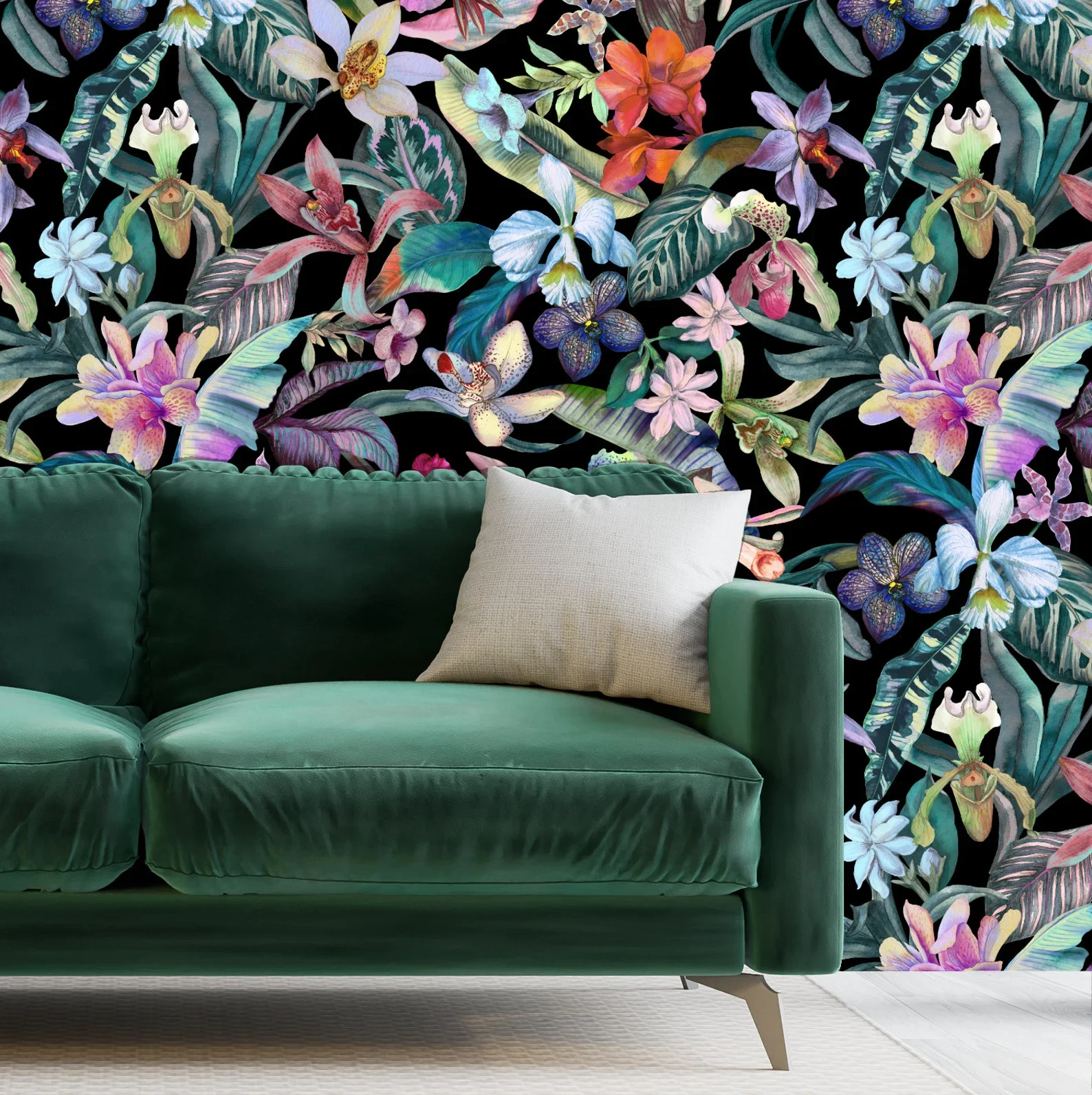tropical orchid floral wallpaper behind a green sofa