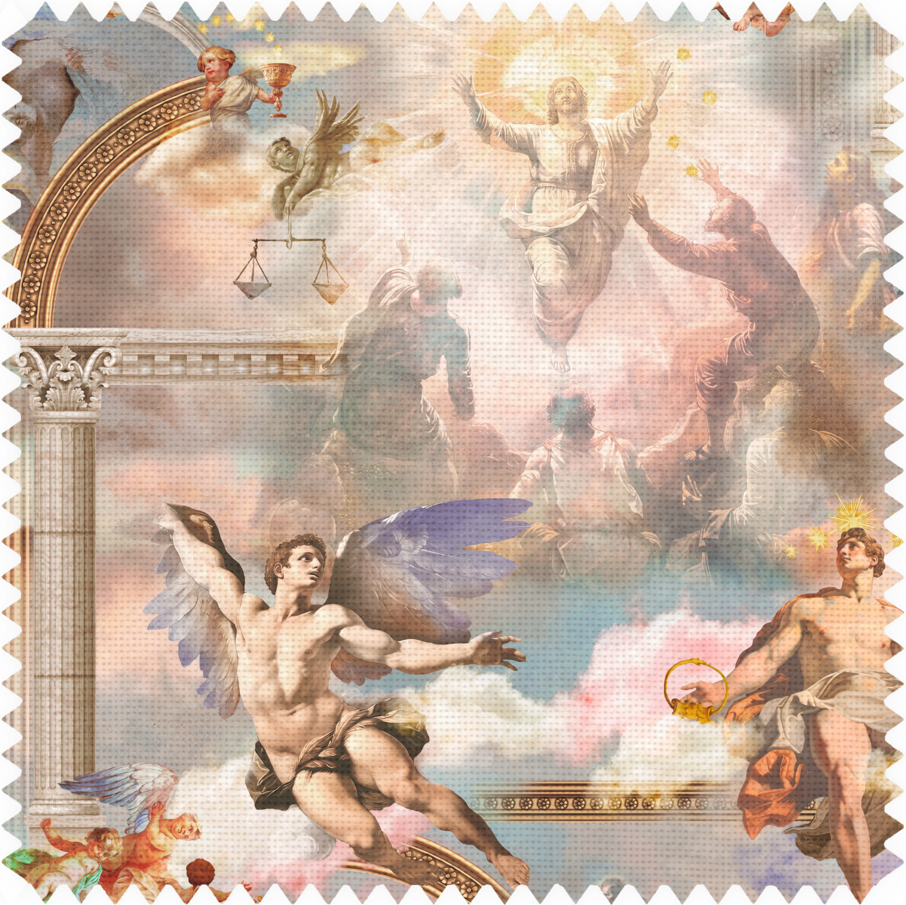 fabric sample featuring a Biblical scene.