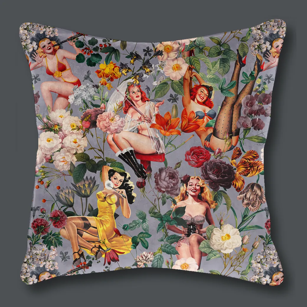 mauve velvet cushion featuring 1950's pin up girls and flowers