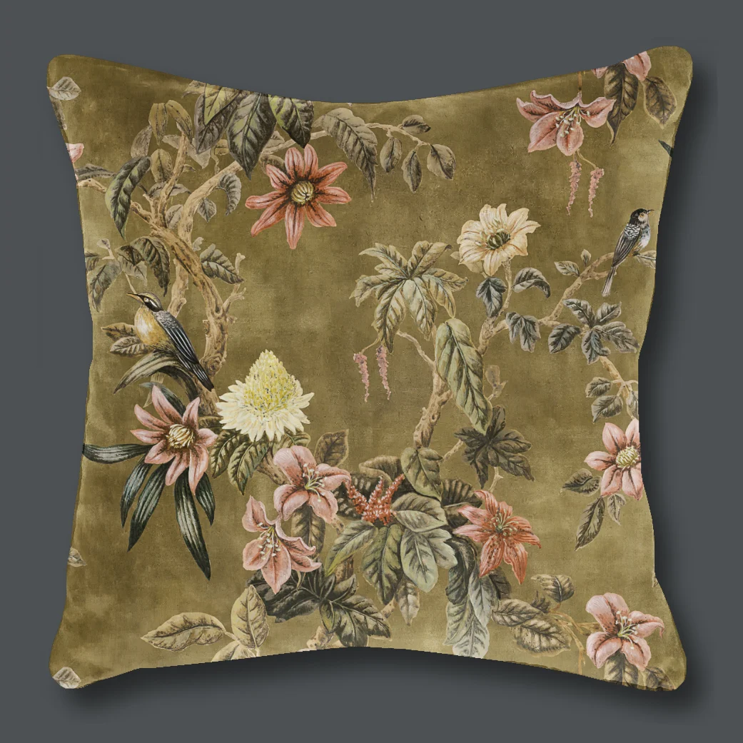 olive green cushion featuring leaves, vines and flowers