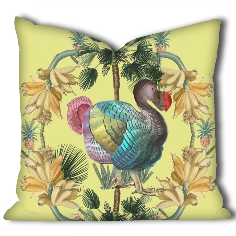 yellow cushion featuring a dodo with tropical bananas
