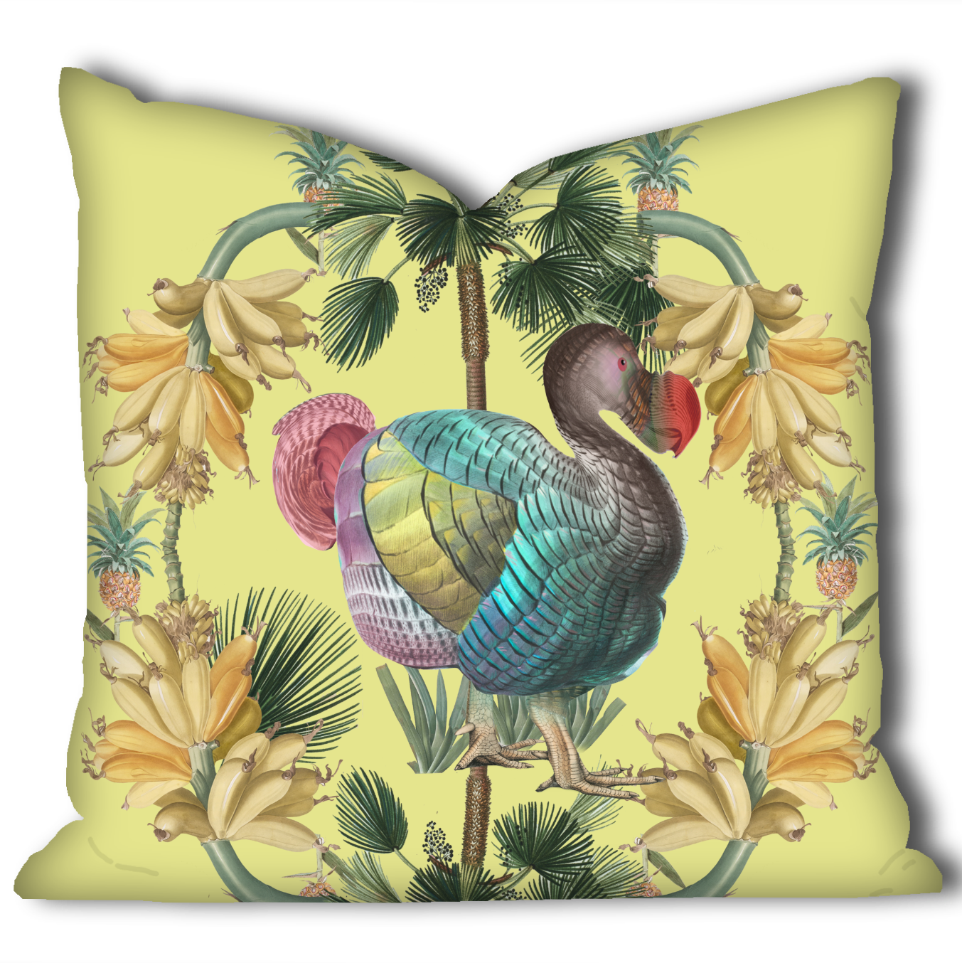 yellow cushion featuring a dodo with tropical bananas