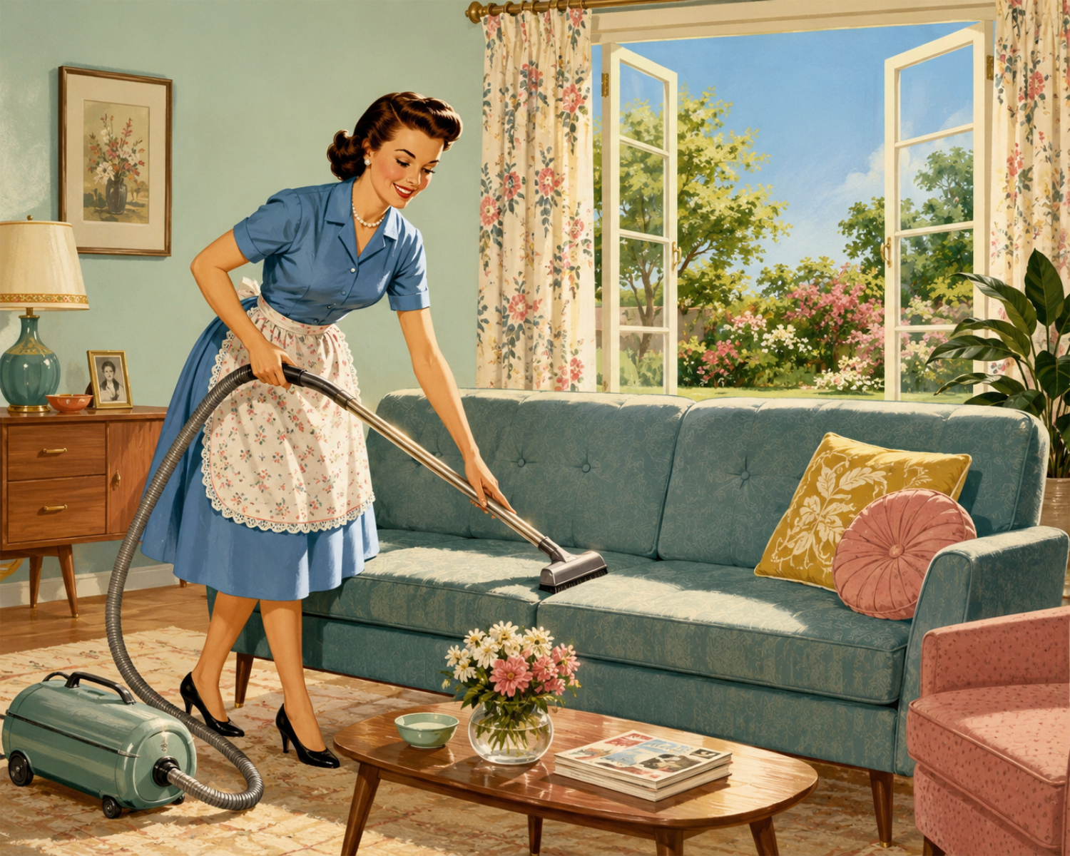 a 1950's woman vacuuming the sofa in a living room with the window wide open