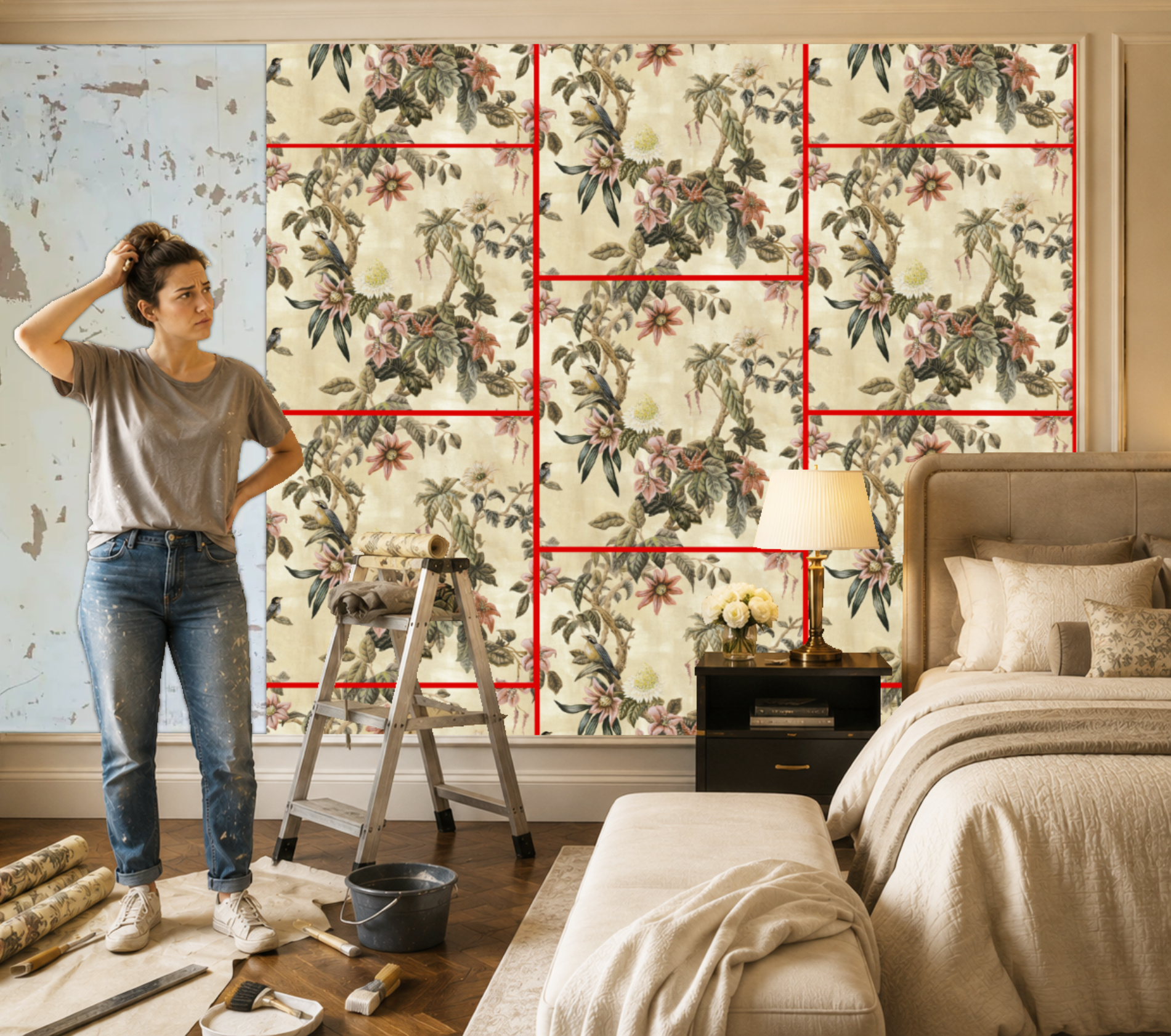 half drop repeat wallpaper on a bedroom wall