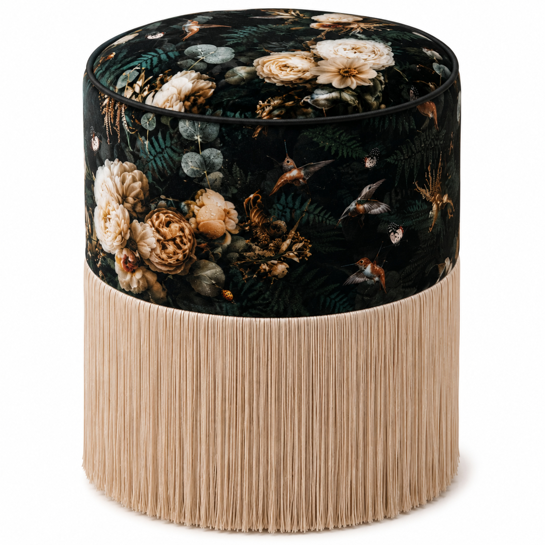 black floral velvet pouffe with cream tassels