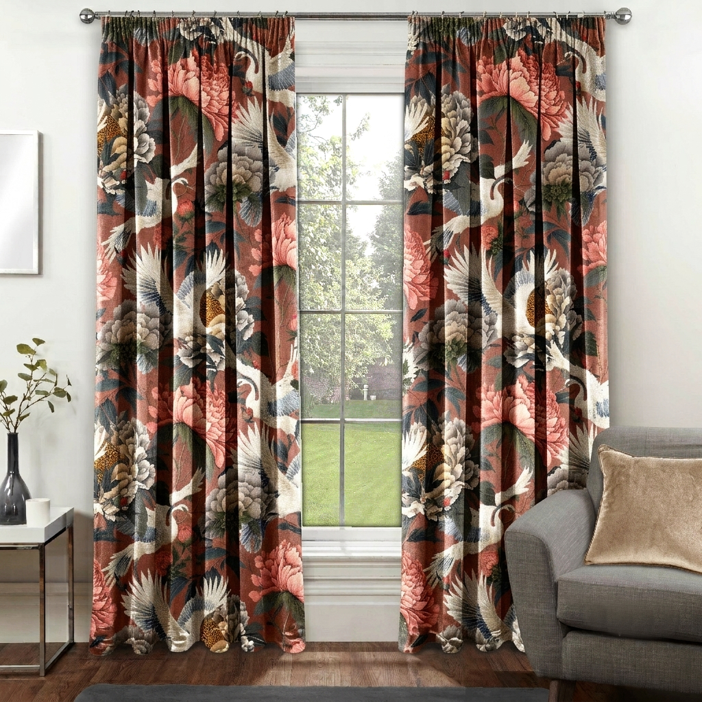 custom velvet curtains with crane bird