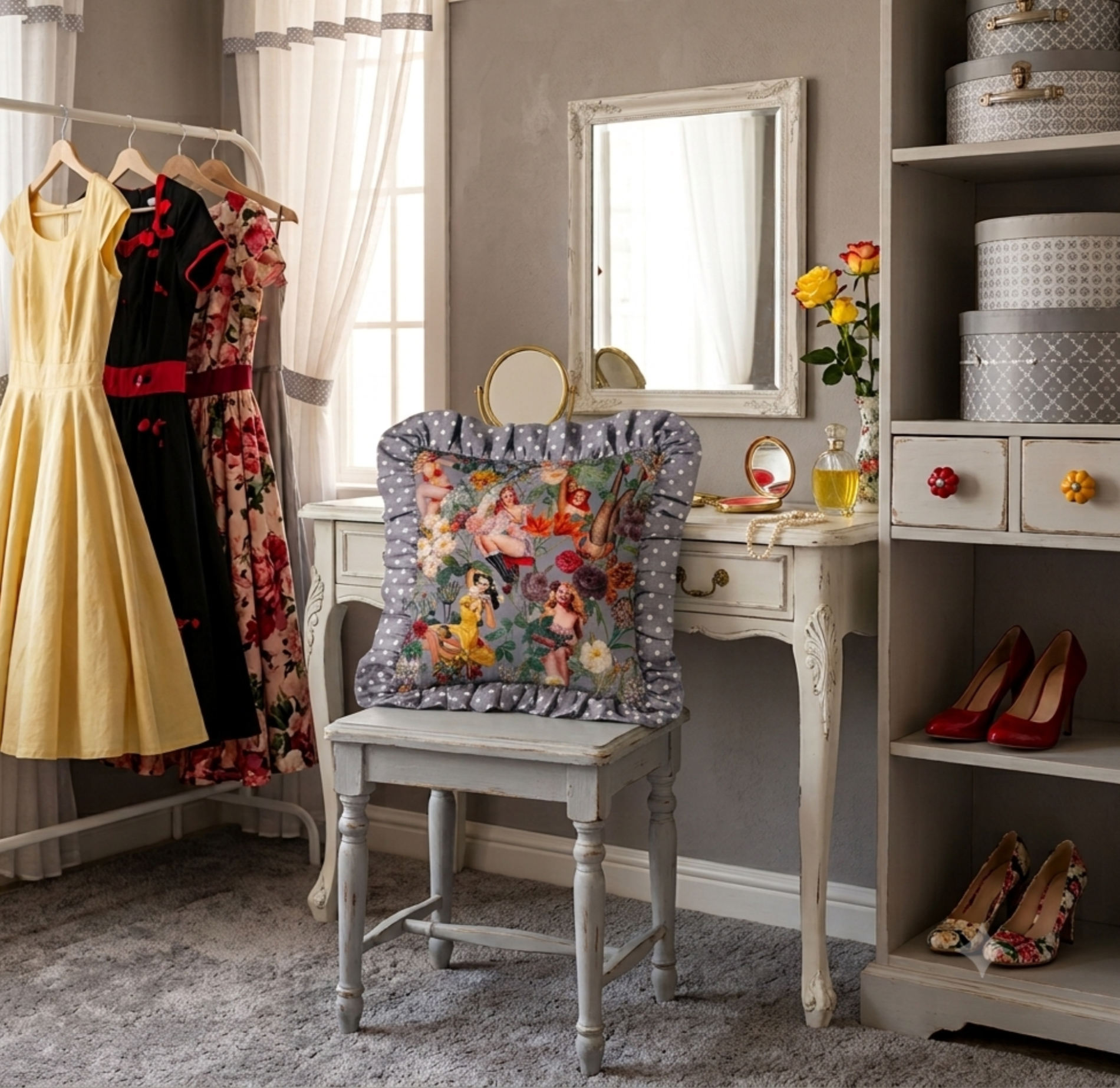 1950's pin up girl cushion in a retro dressing room