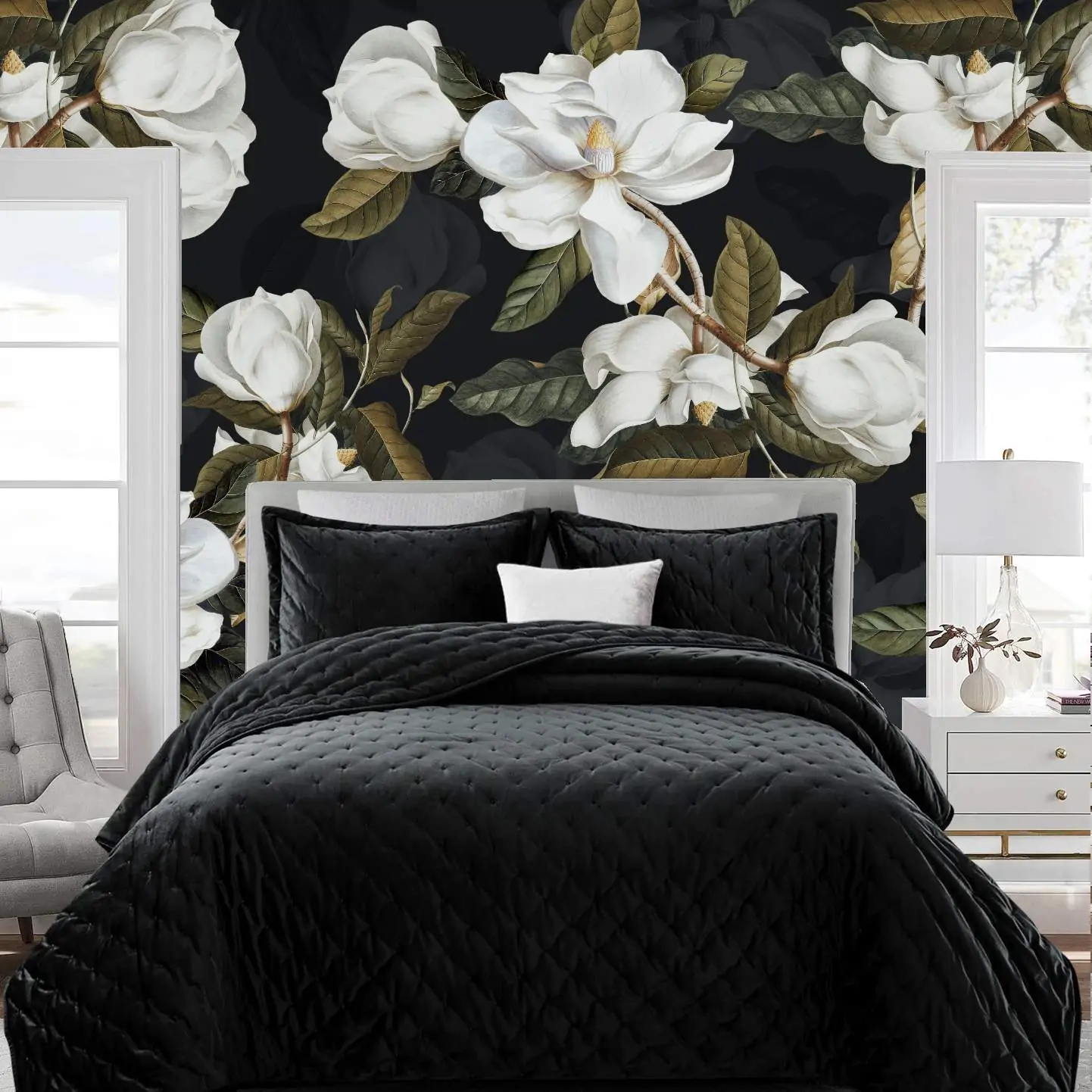 black and magnolia flowers wallpaper in bedroom