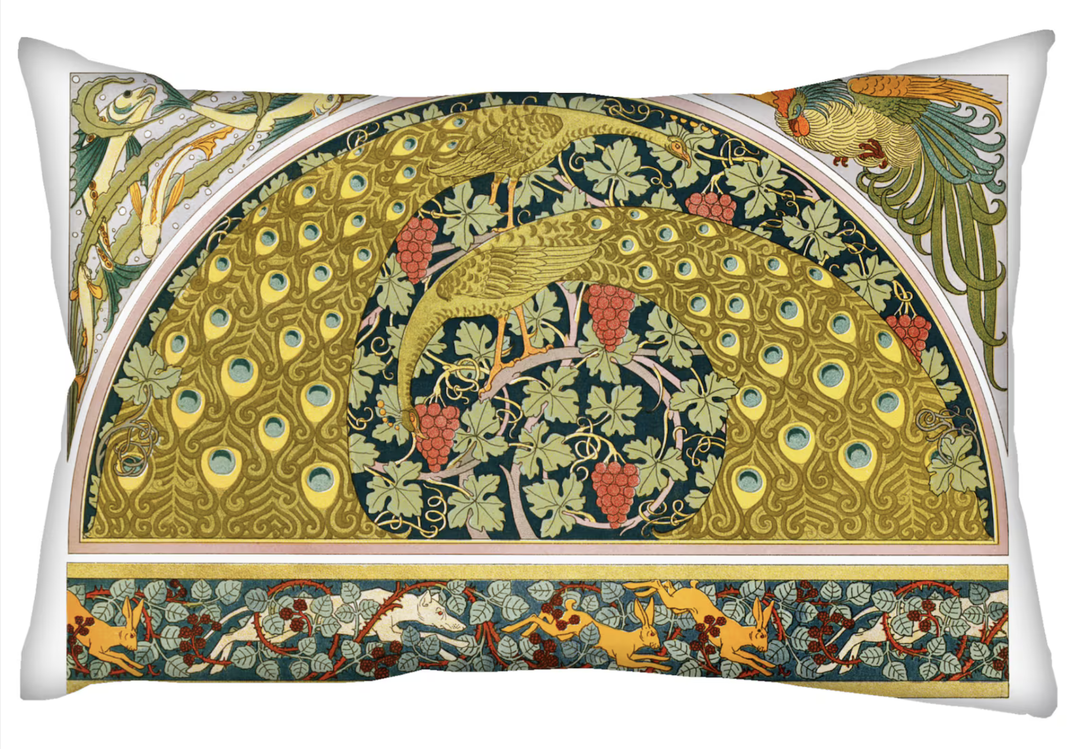 art nouveau rectangular cushion featuring a peacock