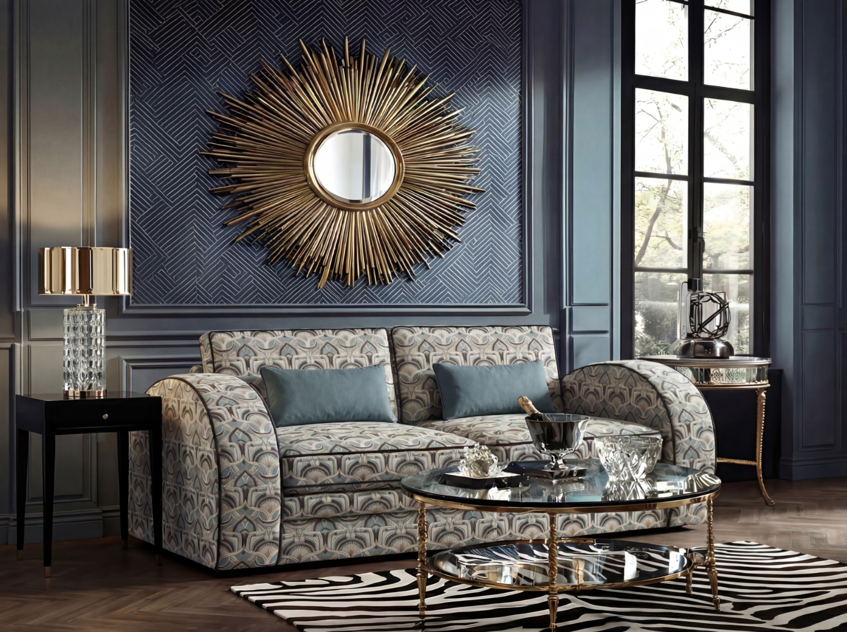 art deco sofa in blue room with gold sunburst mirror