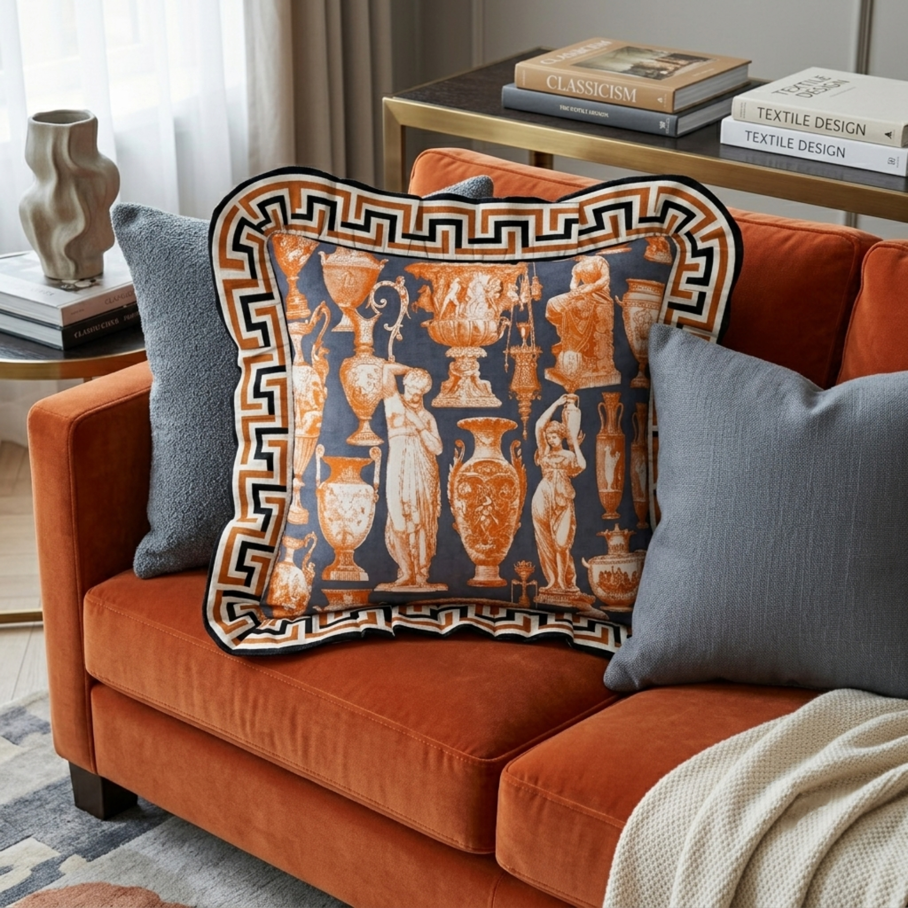 greek and roman statue pillow on sofa. The pillow has a greek key pattern frill border
