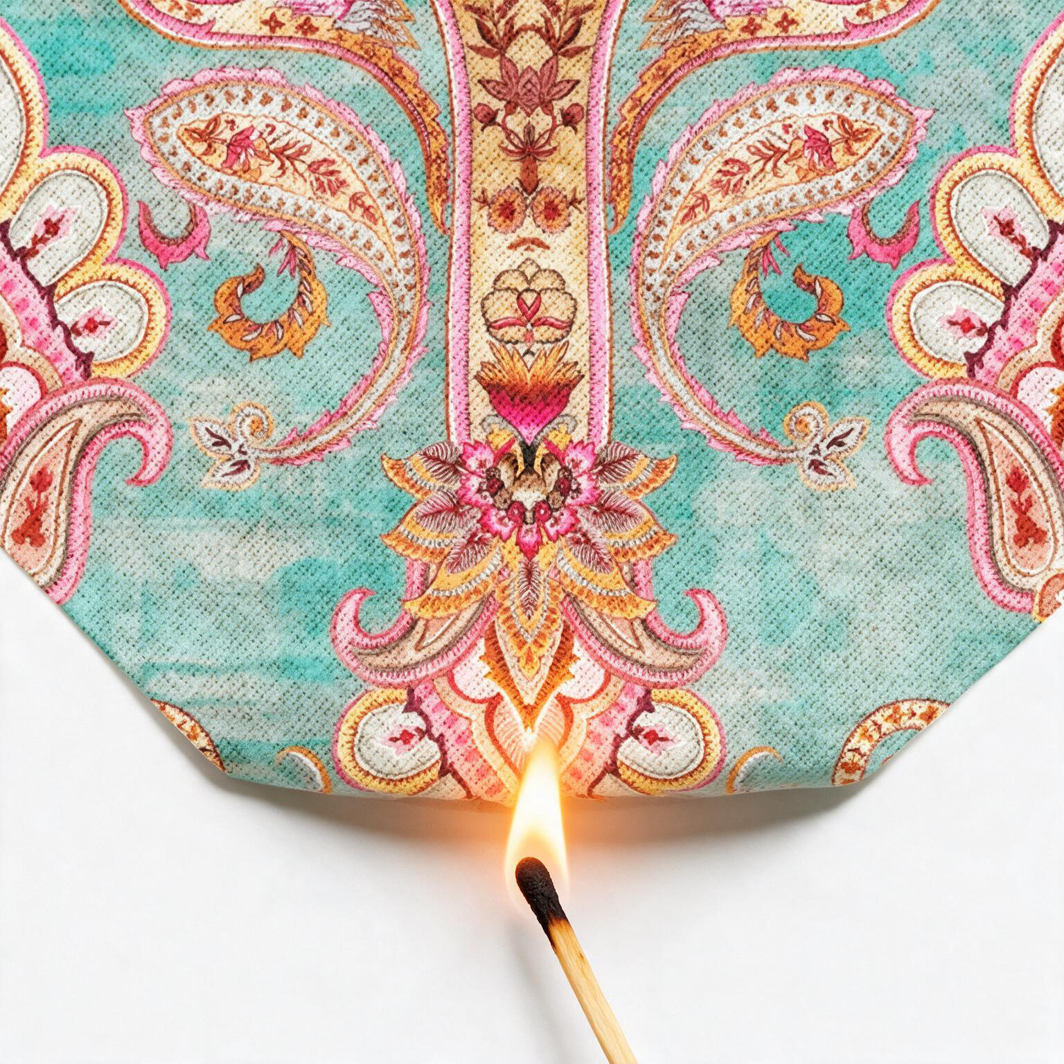 Indian fabric with a lit match underneath it showing how the fabric is fire retardent