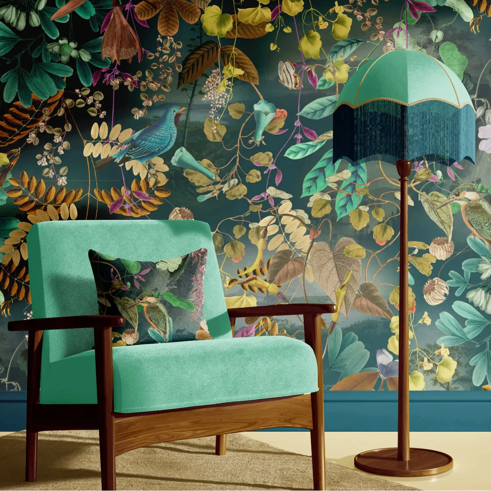 kingfisher kingdom wallpaper with matching cushion and lamp