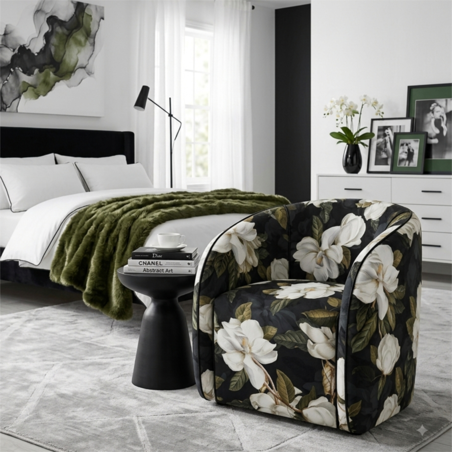 magnolia flowers chair in black, white and green bedroom