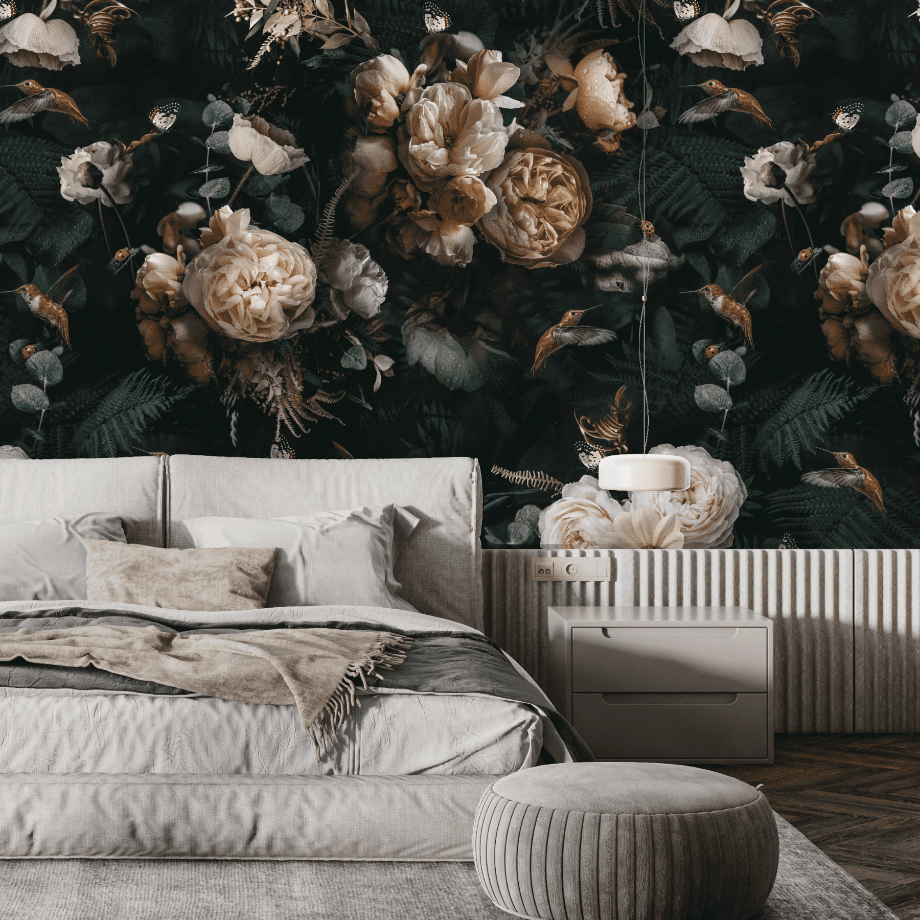 feminine dark floral wallpaper in bedroom