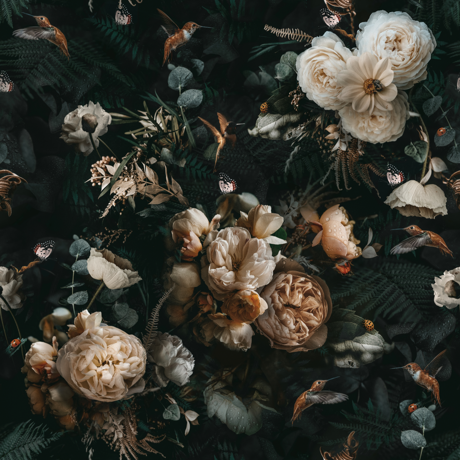 dark floral wallpaper featuring peonies and roses