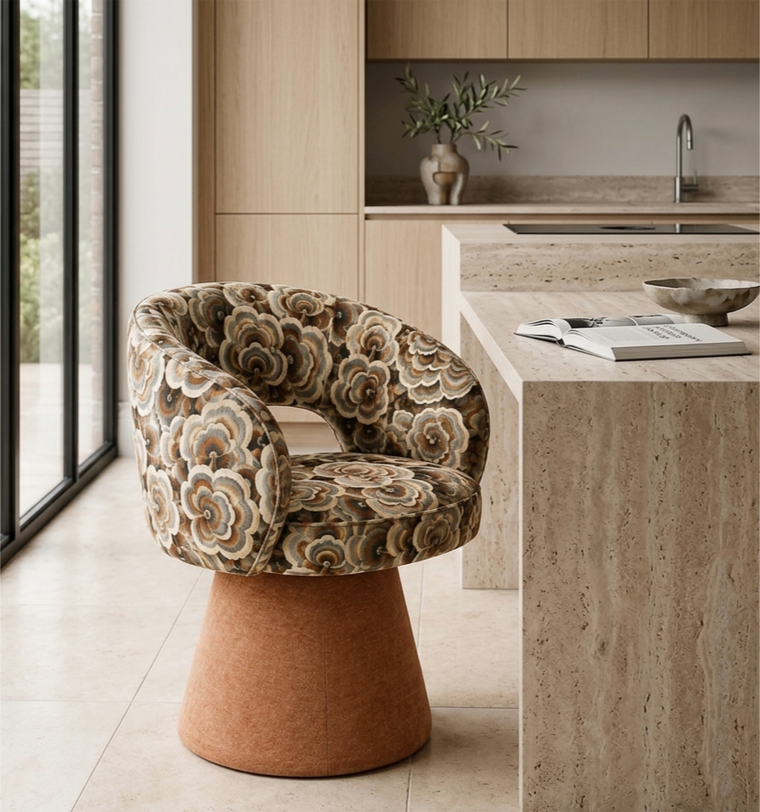 mushroom patterned chair in kitchen