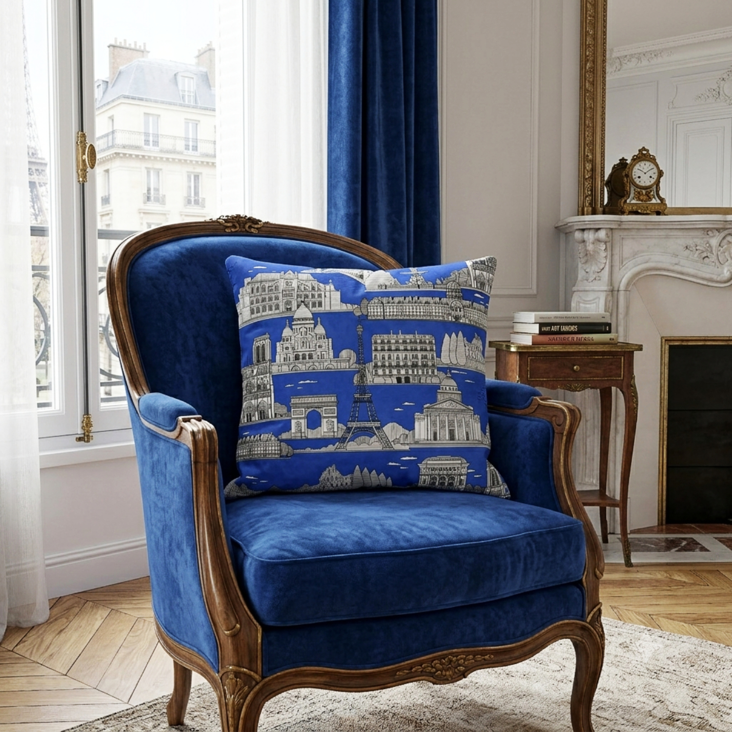 graphic blue cushion featuring Parisian buildings on a blue chair