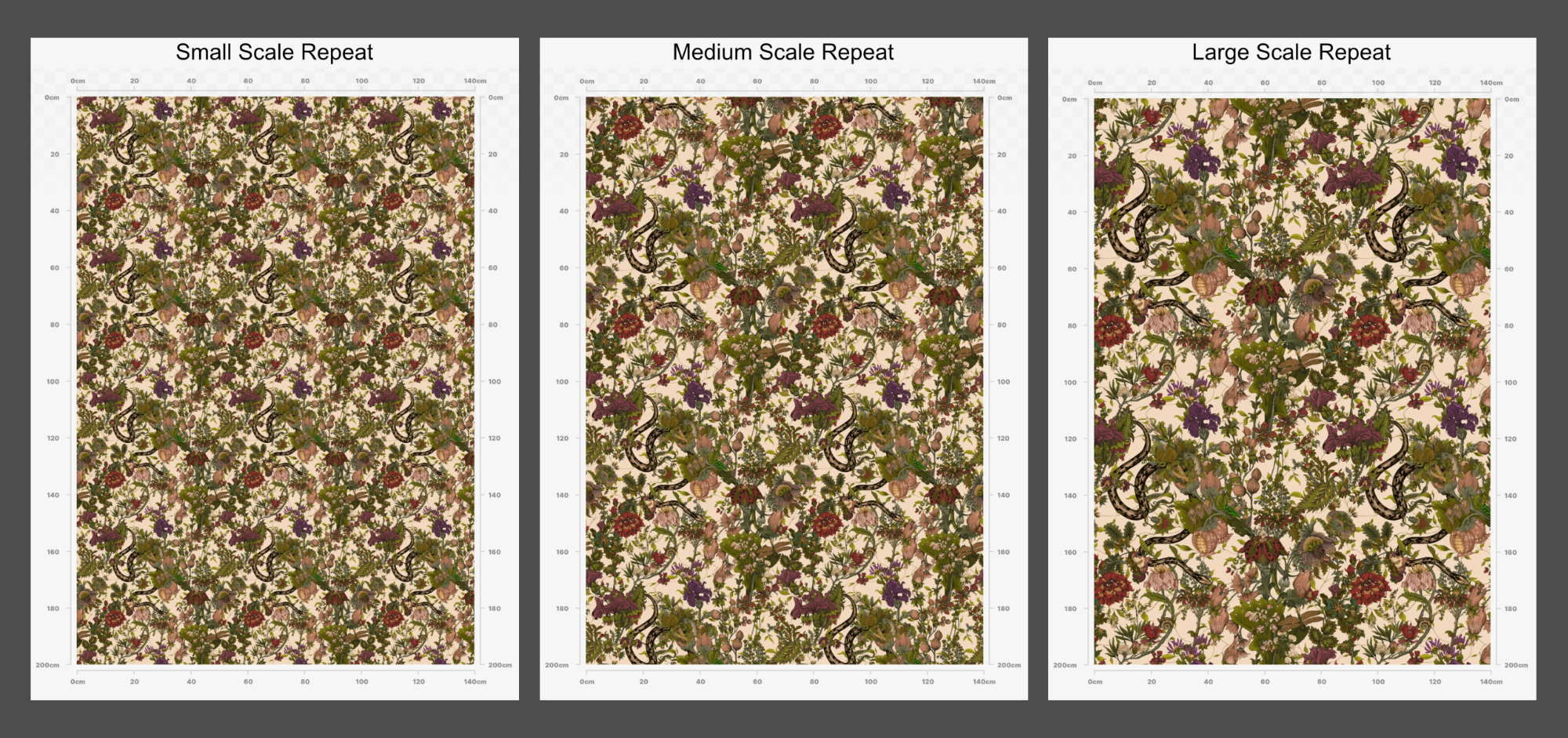 fabric pattern repeat, small, medium and large