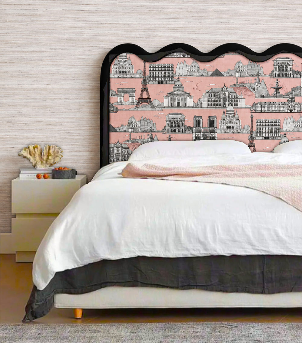 Statement headboard featuring Paris buildings fabric
