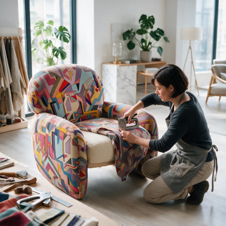 A woman upholstering a chair