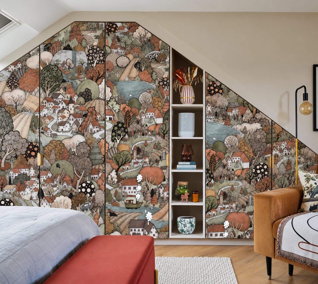 Wardrobe doors in a bedroom decoupaged with a country scene wallpaper